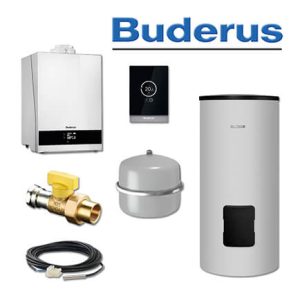 Buderus GB192-35i, W55, Gas-Brennwerttherme, weiß, SU300 Speicher, TC100