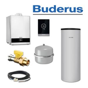 Buderus GB192-35i, W55, Gas-Brennwerttherme, weiß, SU200 Speicher, TC100