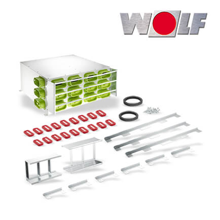 Wolf CWL Luftverteiler für Zu- und Abluft,DN160 2×9 Stutzen 50×100, 5 Rohrkappen